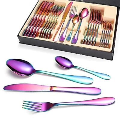 Immagine di Emsmil Set di Posate in Acciaio Inox Colorate con Confezione Regalo 24 Pezzi per 6 Persone Moderne Lucidate a Specchio Servizio Casa Cucina Ristorante Lavabile lavastoviglie