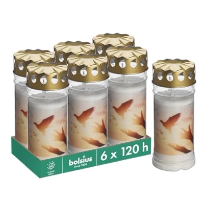 Immagine di Bolsius Lumini funerali Bianco Set 6 pezzi Lunghezza durata 120 ore Candela funebre &amp; Memoriale Bruciatore Permanente Con Motivo Colomba Non Profumata Senza Olio di Palma Nr. 5