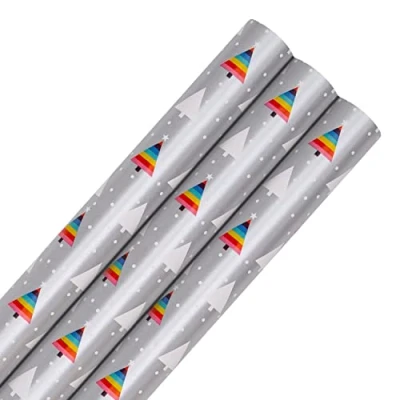 Immagine di Hallmark Set di carta da regalo con albero Natale arcobaleno, 3 rotoli in 1, design colorato, fogli arcobaleno