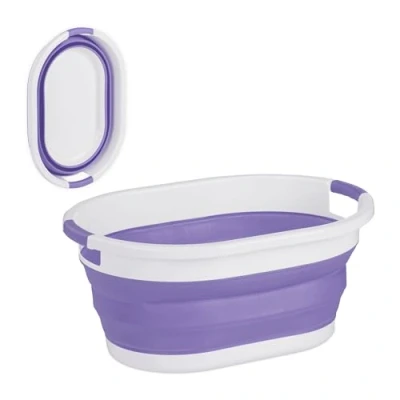 Immagine di Relaxdays Cesto Portabiancheria Pieghevole, 24 Litri, Contenitore Salvaspazio in Plastica con Impugnature, Viola Bianco