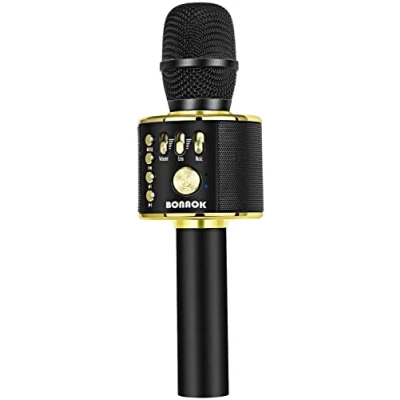 Immagine di BONAOK Karaoke Microphone, Wireless Bluetooth 3 in 1 Portable Mic Birthday Gift Home Party Machine for Android/iPhone/iPad PC （Q37 Black Gold）