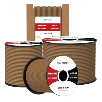 Immagine di Brotree Paracord 3mm 50M Corda 100% Nylon Tipo II 3 Fili 425 per Esterno, Artigianato, Fatto a Mano 192 kg Carico di Rottura (Marrone Coyote)