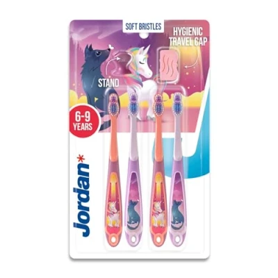 Immagine di Jordan ® Step 3 Spazzolino da denti bambini per di età 6 9 anni Setole morbide, doppio manico ergonomico e senza BPA Colore Rosa &amp; Blu Confezione 4 unità