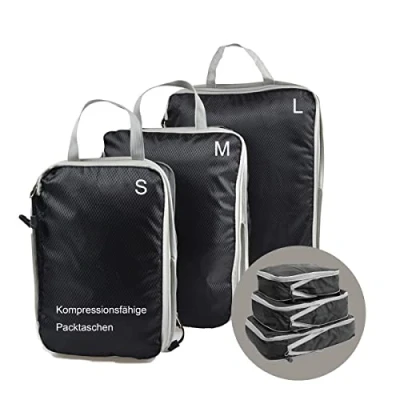 Immagine di KULIVING Sacchetti per valigie e zaini in set da 3, organizer viaggio Borse di compressione Cubi imballaggio con doppia cerniera imballaggio, nylon, nero