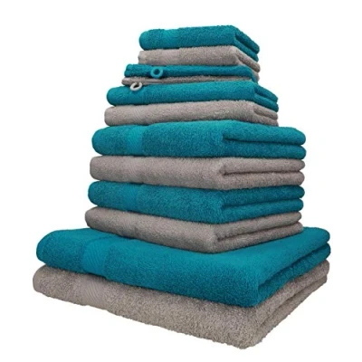 Immagine di Betz Set da 12 asciugamani PALERMO 100% cotone 2 doccia 4 per gli ospiti lavette guanti bagno colore petrolio e grigia pietra