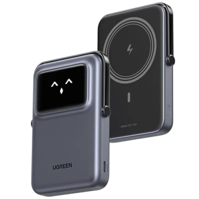 Immagine di UGREEN Uno Power Bank Magnetico 10000mAh, Caricatore Portatile PD 20W con Cavo USB C, Wireless Display e Supporto, Compatibile iPhone 16/15/14/13/12 Mini Plus Pro Max(Nero)
