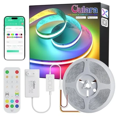 Immagine di OULARA Striscia LED RGB Smart IC COB indirizzabile, 10 m, 24 V, colore fluente, con modalità musica, set di luci flessibili multicolore controllo WIFI e alimentatore rete per feste fai da te
