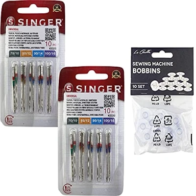 Immagine di Confezione da 10 aghi per macchine cucire universali Singer 2020 taglie 70 80 90 100 cotone e tessuti sintetici 130/705 H (tacco piatto su un lato)