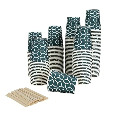 Immagine di Caramont, 7 Oz 1000 bicchieri in cartone con agitatori legno, ecologici e monouso, resistenti al calore, per bevande fredde calde di qualità, ideali caffè, tè, compleanno, ecc