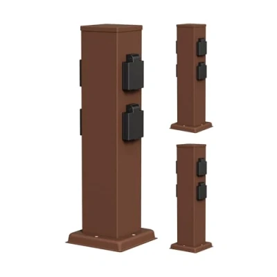 Immagine di ledscom.de 3 prese da giardino a colonna POLLY per esterni, IP44, 4 vie, acciaio inox, plastica, marrone, angolare, 38 cm