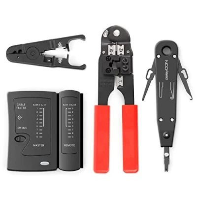 Immagine di deleyCON Set da Quattro Attrezzi e Custodia con Strumento per la Punzonatura Pinza Spelafili Tester Cavi Crimpatrice il Settore IT Computer Rete LAN CAT Utensili RJ11 RJ12 RJ45