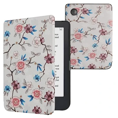 Immagine di kwmobile Custodia eReader Compatibile con Kobo Clara 2E Cover eBook Reader Flip Case bianco/rosa/blu Fiori e Foglioline