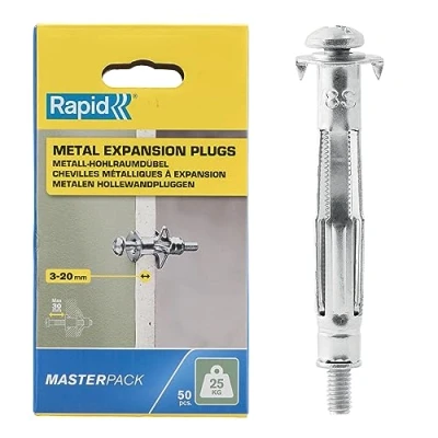 Immagine di Rapid Confezione da 50 Tasselli ad Espansione in Metallo per Pareti Cave Cartongesso e Truciolari dallo Spessore di 3 20 mm, Supportano fino un Carico 25 Kg