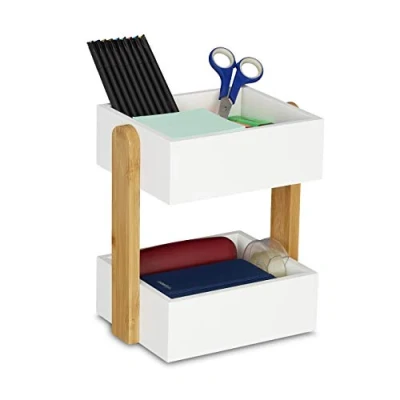 Immagine di relaxdays Portaoggetti da Scrivania in Bambù, 25 x 22,5 16,5 cm, 2 Scomparti, Organizzatore Ufficio &amp; Studio, Bianco