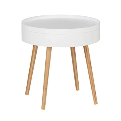 Immagine di WENKO tavolino Finja, da salotto rotondo con vassoio e scomparto portaoggetti, stile chic scandinavo, comodino in pregiato bambù ecosostenibile abbinato a MDF, Ø 49,5x51,5cm, bianco/naturale