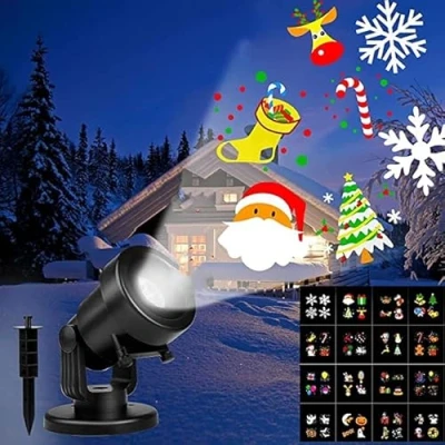 Immagine di Vokot P668 proiettore led con luci di natale, fiocco neve e immagini natalizie da interno o esterno IP44, 12 schede adatte per qualsiasi evento festa.