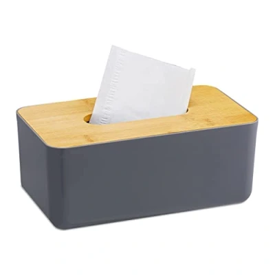 Immagine di relaxdays Porta Fazzoletti, Riutilizzabile, Portafazzoletti per Bagno, Coperchio in bambù, 10x23x13 cm, Grigio/Naturale, PP, 1 pz