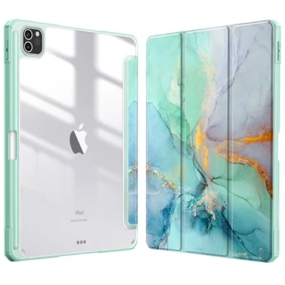 Immagine di FINTIE Custodia per iPad Pro 11&quot; 2022/2021/2020/2018 (4ª/3ª/2ª/1ª Generazione) con Pencil Holder, Antiurto Sottile Leggero Posteriore Trasparente Cover Case, Emerald Marble