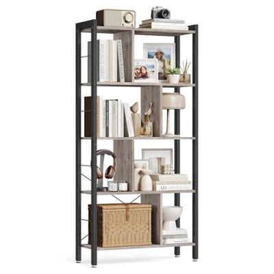 Immagine di VASAGLE Libreria, Scaffale Portaoggetti a 5 Ripiani, Organizzatore per Studio Ufficio, con Scomparti Aperti Soggiorno, in Stile Industriale, Greige Melange e Nero Inchiostro LBC012B02
