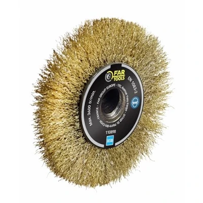 Immagine di Spazzola di precisione/finitura a filo ottonato 0,3 mm.120 L 20 mm più set 4 distanziatori, per decapare/sgranare legno, metallo o pietra
