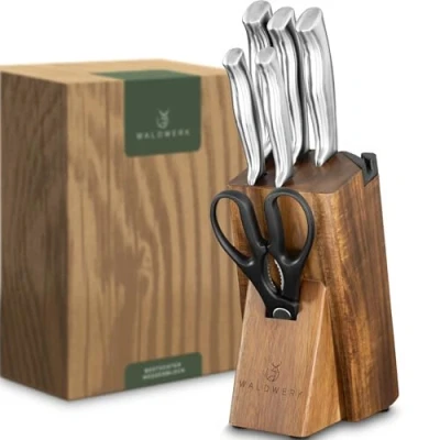 Immagine di WALDWERK Coltello da cucina 7 coltelli con blocco portaoggetti e affilacoltelli incorporato, cucina, set di supporto, utensili