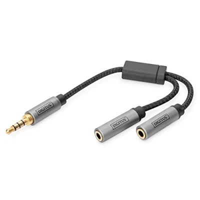 Immagine di DIGITUS Adattatore per Cuffie Stereo 2X Prese da 3,5 mm a Jack Microfono, 0,2 m Nero Smartphone, Computer, Laptop, Controller di Gioco