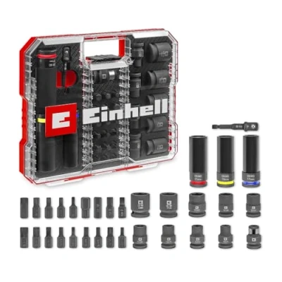 Immagine di Set di bussole a percussione originale Einhell da 32 pezzi (18x punte 30 mm, 9x 40 3x 80 acciaio S2 e CrMo, manicotto in plastica, settore automobilistico)