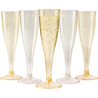 Immagine di Matana 48 Flute da Champagne in Plastica con Glitter Oro e Argento, 133ml Bicchieri per Matrimoni, Compleanni, Natale Feste Eleganti, Resistenti Riutilizzabili
