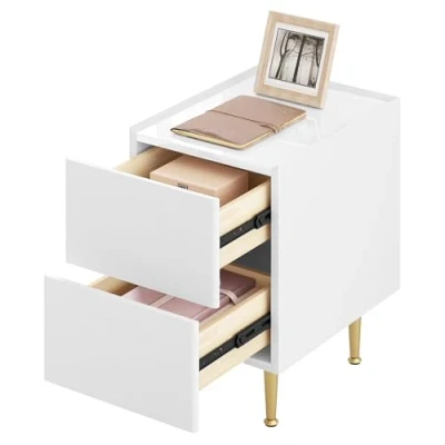 Immagine di WOLTU Comodino Camera da Letto, Tavolino Notte con 2 Cassetti, Piano Lucido, Rivestimento in PVC, 40x30x51cm, Divano, MDF+PVC+Metallo, Bianco+Dorato, NTS10ws02