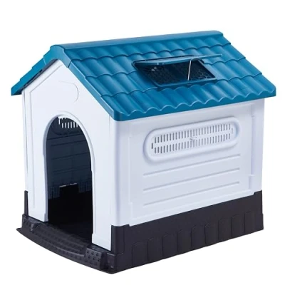 Immagine di Lanco Cuccia per Cani di Piccola Taglia con Tetto Scorrevole Regolabile. Uso interno ed esterno ventilazione. Materiale resistente. 68x55x66 cm. Blu e bianco.