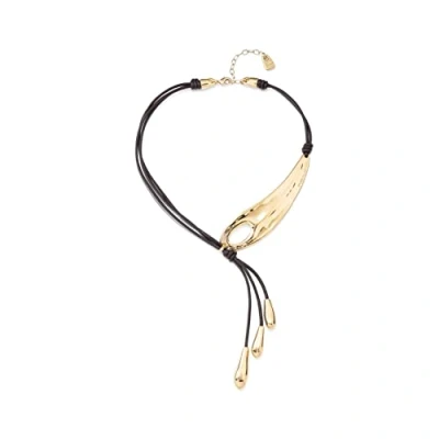 Immagine di Collana in cuoio lunga a frusta con 2 tubi e 4 frange gocce placcata oro 18k