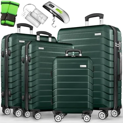 Immagine di tillvex® Set 4 valigie rigide S M L XL + bilancia, 8 cinghie e etichette bagagli Valigia da viaggio leggera con ruote piroettanti Guscio rigido in ABS lucchetto TSA (Verde militare)