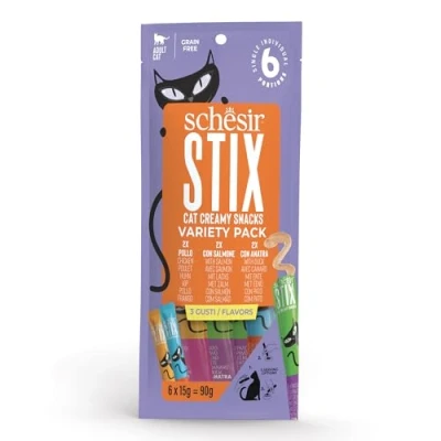 Immagine di Schesir Stix, Variety Pack, Snack cremosi e complementari per gatti (12 confezioni da 6 snack)