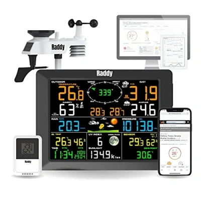 Immagine di Raddy WF 100C Stazione Meteo Professionali con Sensore Esterno, Termometro e Sensori di Umidità per Interni ed Esterni, Perfetta la Casa, Ampio Display, Pluviometro