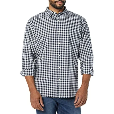 Immagine di Amazon Essentials Camicia in Popeline Elasticizzato A Manica Lunga dalla vestibilità Regolare Uomo, Blu Marino Bianco Percalle, XS