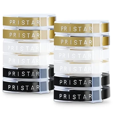 Immagine di Pristar 12x Compatibile Omega Nastro Etichette di Ricambio per Dymo Embossing Tape 3D Plastic 9mm x 3m Junior Label Embosser Vinile Goffratura Bianco su Nero/Trasparente/Oro