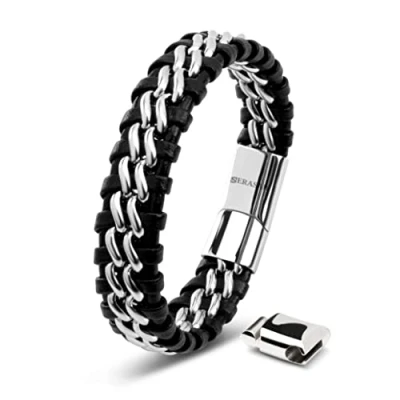 Immagine di SERASAR Bracciale da uomo in pelle di alta qualità, con chiusura magnetica acciaio inox, nero, argento e oro, scatola per gioielli, ottima idea regalo, 17cm, Pelle, No Gemstone
