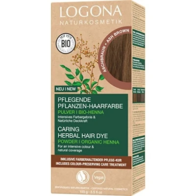 Immagine di LOGONA Naturkosmetik Colorante vegetale per capelli in polvere vegana con henné biologico colori intensi e lucentezza, colore vegetali marrone cenere (marrone), 1 x 100 g