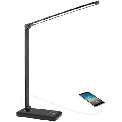 Immagine di AUELEK Lampada da scrivania LED flessibile USB ricaricabile con timer 52 LED, 2000 mAh 5 modalità di colore 10 livelli luminosità, design rotazione/controllo touch protezione occhi (nero)