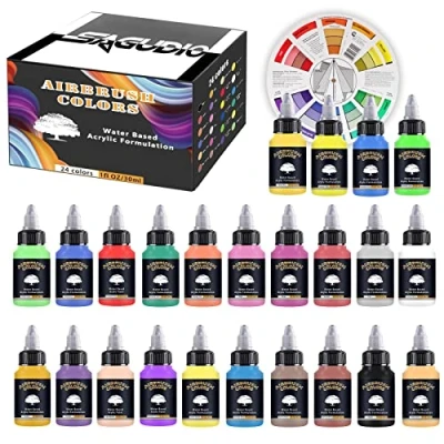 Immagine di SAGUDIO pittura Colori per aerografo 24 (30 ml/1 oz) Opaco e Fluorescente Acrilico Airbrush Paint Set con Ruota Colore, Vernice Pronta