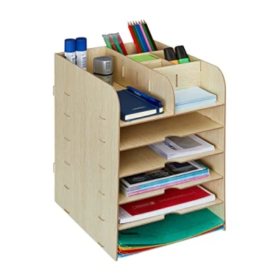 Immagine di Relaxdays Organizer da Scrivania, Portapenne e Portadocumenti, 12 Scomparti, HLP: 34,5x25x32 cm, in MDF, Marrone Chiaro