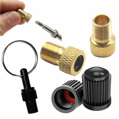 Immagine di Pitlane Performance® Set Adattatori Valvola Bici; in Ottone per Valvole Presta; 2 Presta Schrader + Cappucci Protettivi Bici, E Bike (Set da 5 (incluso portachiavi))