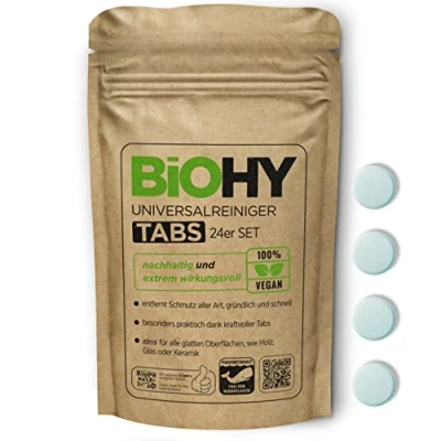Immagine di BIOHY Pastiglie Detergenti universali (Set di 24) compresse Multiuso coerente per dissolvere Cucina et Bagno rimuove calcare e Sporco Senza microplastiche (Universal Tabs)