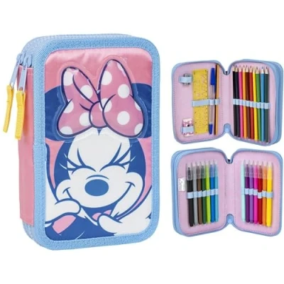Immagine di Astuccio per matite a 3 scomparti di Minnie Mouse Rosa 12,5 x 4,5 19,5 cm Realizzato in poliestere e PVC Chiusura cerniera Include accessori Prodotto originale disegnato Spagna
