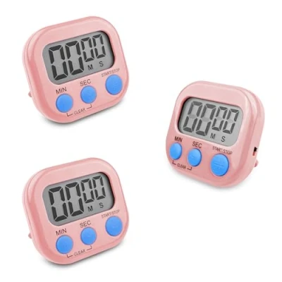 Immagine di Fousenuk 3 Pezzi Timer da Cucina Digitale Rosa, Cronometro Conto Alla Rovescia con Supporto Magnetico Buco, Allarme Forte Grande Display LCD per Cottura al Forno Studio Allenamento Fisico