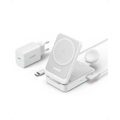 Immagine di Anker MagGo Caricatore Wireless iPhone 15W, Base di Ricarica 3 in 1 con MagSafe, Certificato Qi2 Ultra Rapido, per 16/15/14/13, AirPods Pro, Apple Watch 9/8/SE (Caricatore USB C da 40W Incluso)