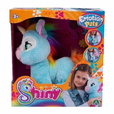 Immagine di Giochi Preziosi Emotion Pets, Shiny Peluche Unicorno, Bambini 3 Anni +, Interattivo con Spazzola e 2 Fermagli Colorati Inclusi, Color Azzurro Criniera Coda Arcobaleno
