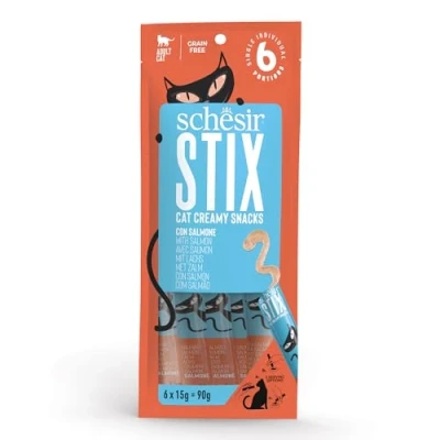Immagine di Schesir Stix, Gusto Salmone, Snack complementari e cremosi per gatti (12 confezioni da 6 snack)