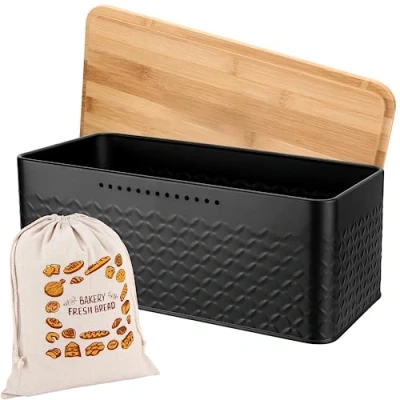 Immagine di ROYOUZI Contenitore Pane, Portapane in metallo con Coperchio, Utilizzabile Come Tagliere, 2 1 Sacchetto di Lino per Una Freschezza Duratura