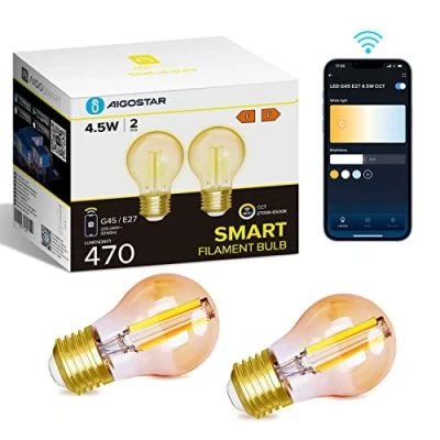 Immagine di Aigostar Lampadine Alexa, Led E27 Vintage, G45 Ambra Filamento a Globo, 4.5W, 470LM, Bianco Caldo Dimmerabile 2700K 6500K, Compatibile con Alexa e Google Home, 2 Unità